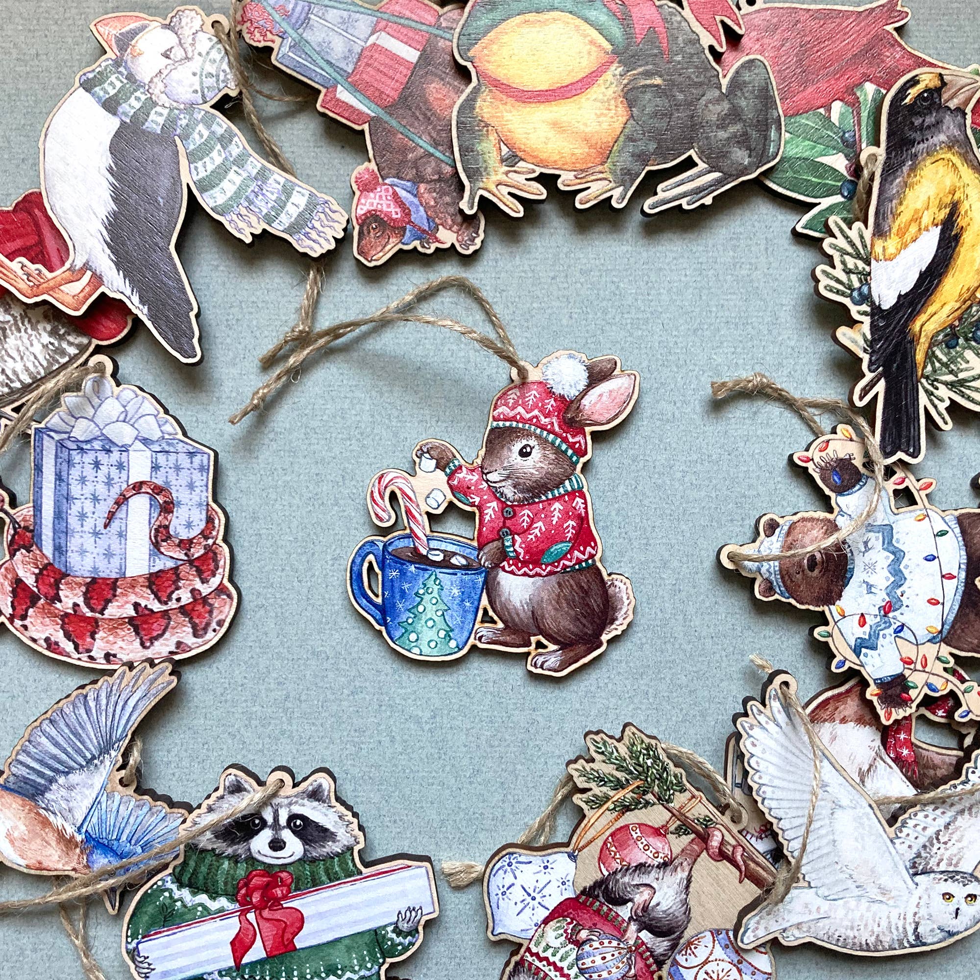 Festive Rabbit Wooden Ornament