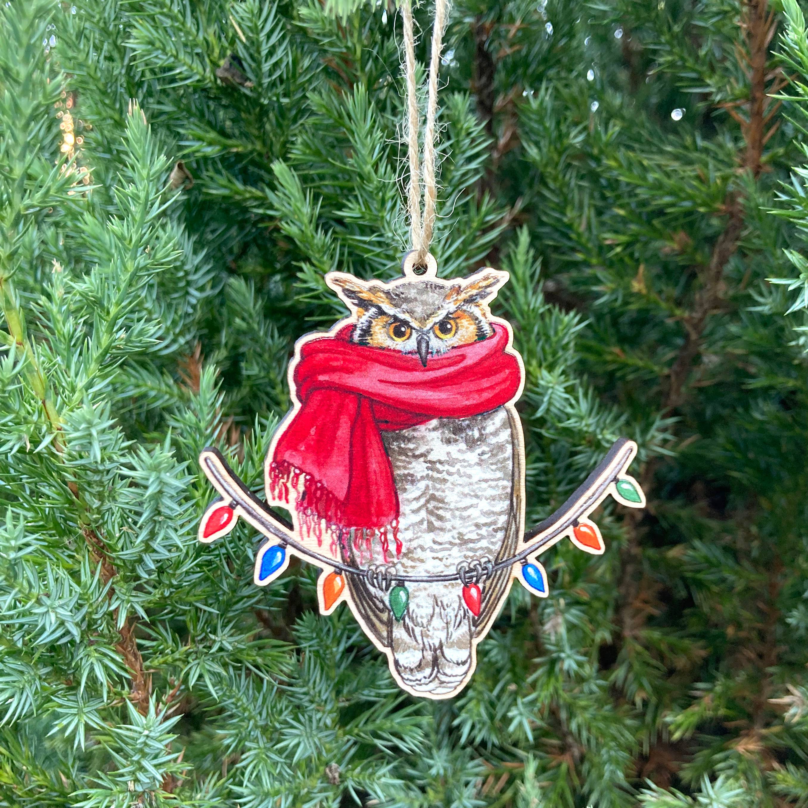 Festive Great Horned Owl Wooden Ornament