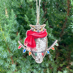 Load image into Gallery viewer, Festive Great Horned Owl Wooden Ornament
