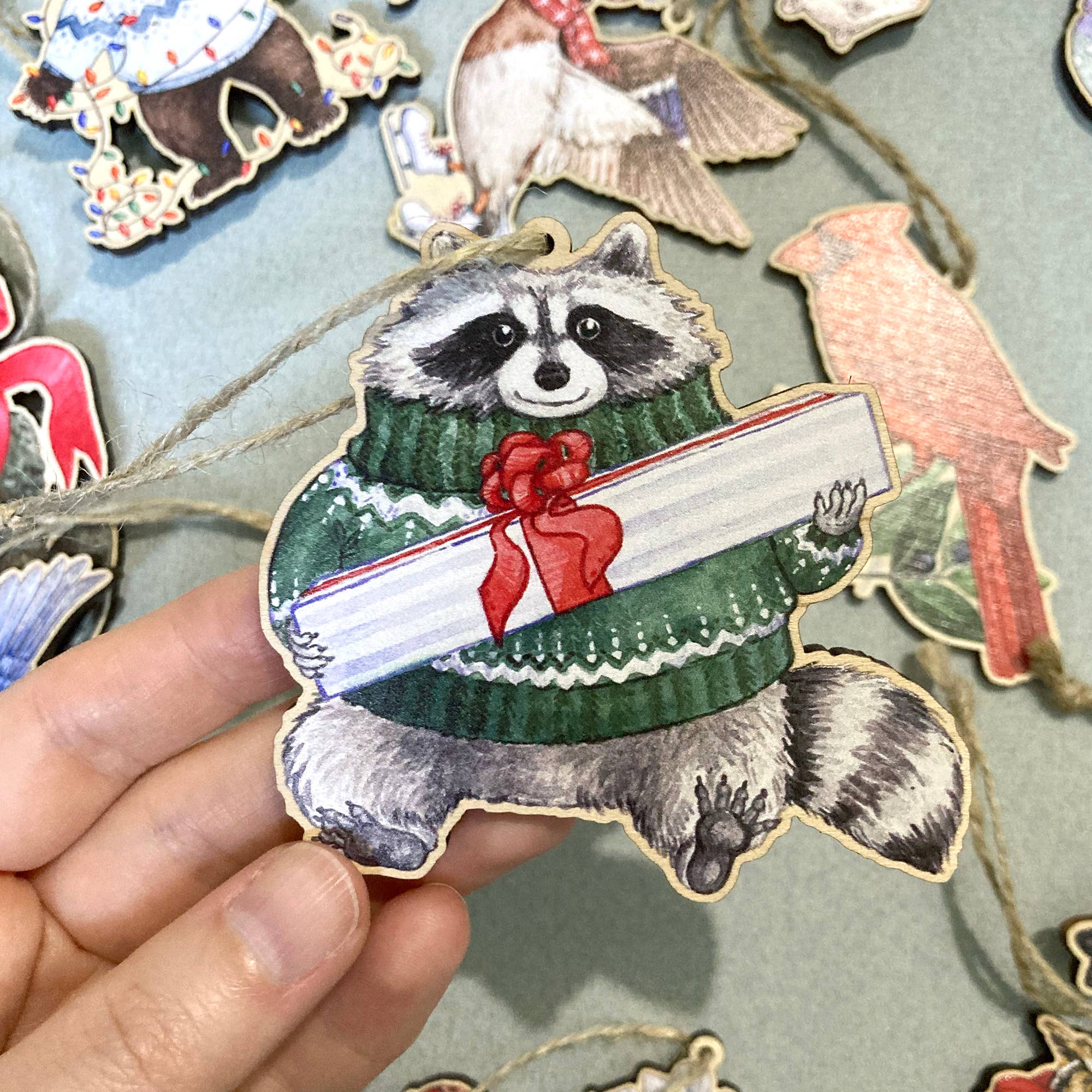 Festive Raccoon Wooden Ornament