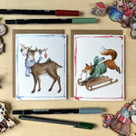 Load image into Gallery viewer, Notecard Set - 10 Festive Critters on Blank Recycled Cards

