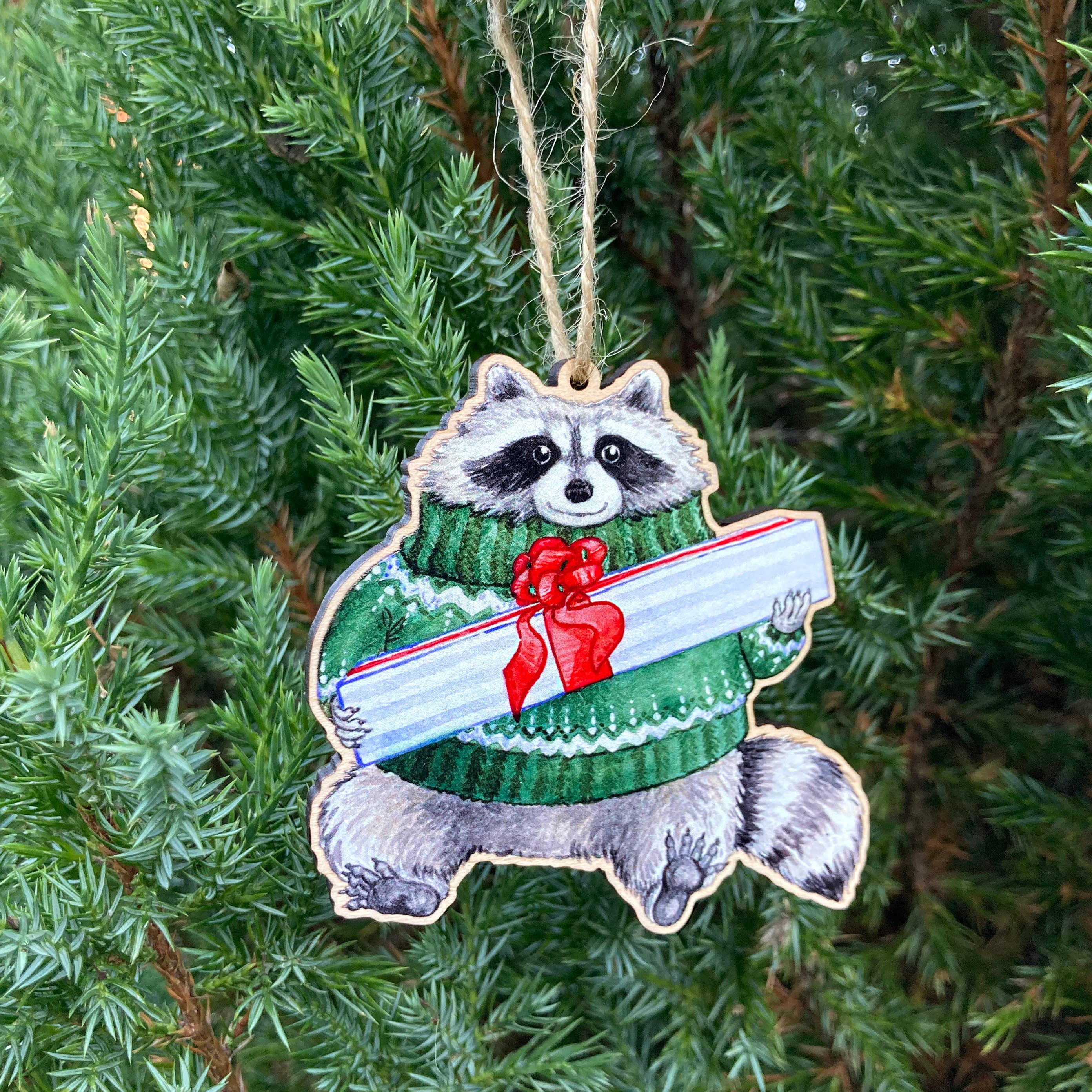 Festive Raccoon Wooden Ornament
