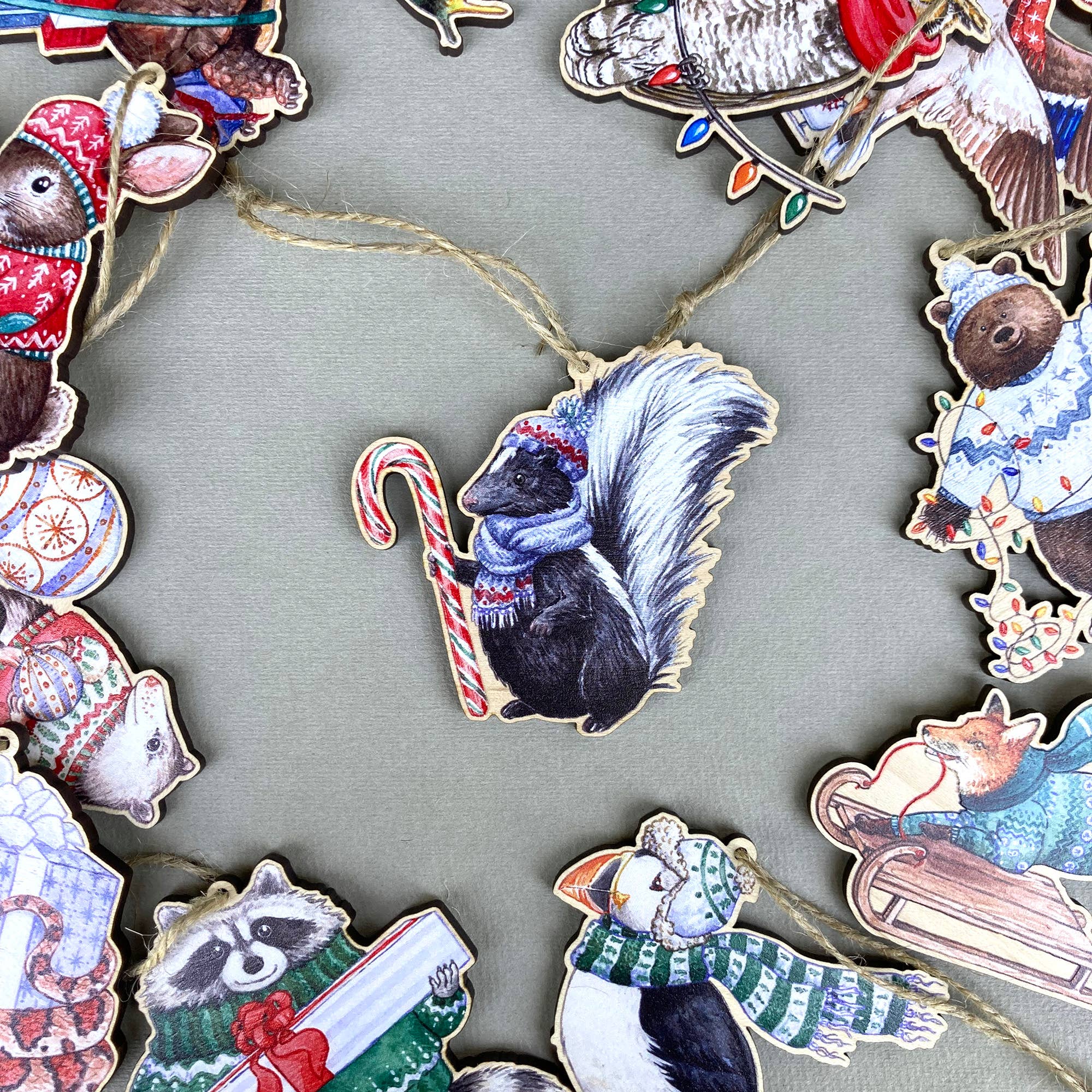 Festive Skunk Wooden Ornament