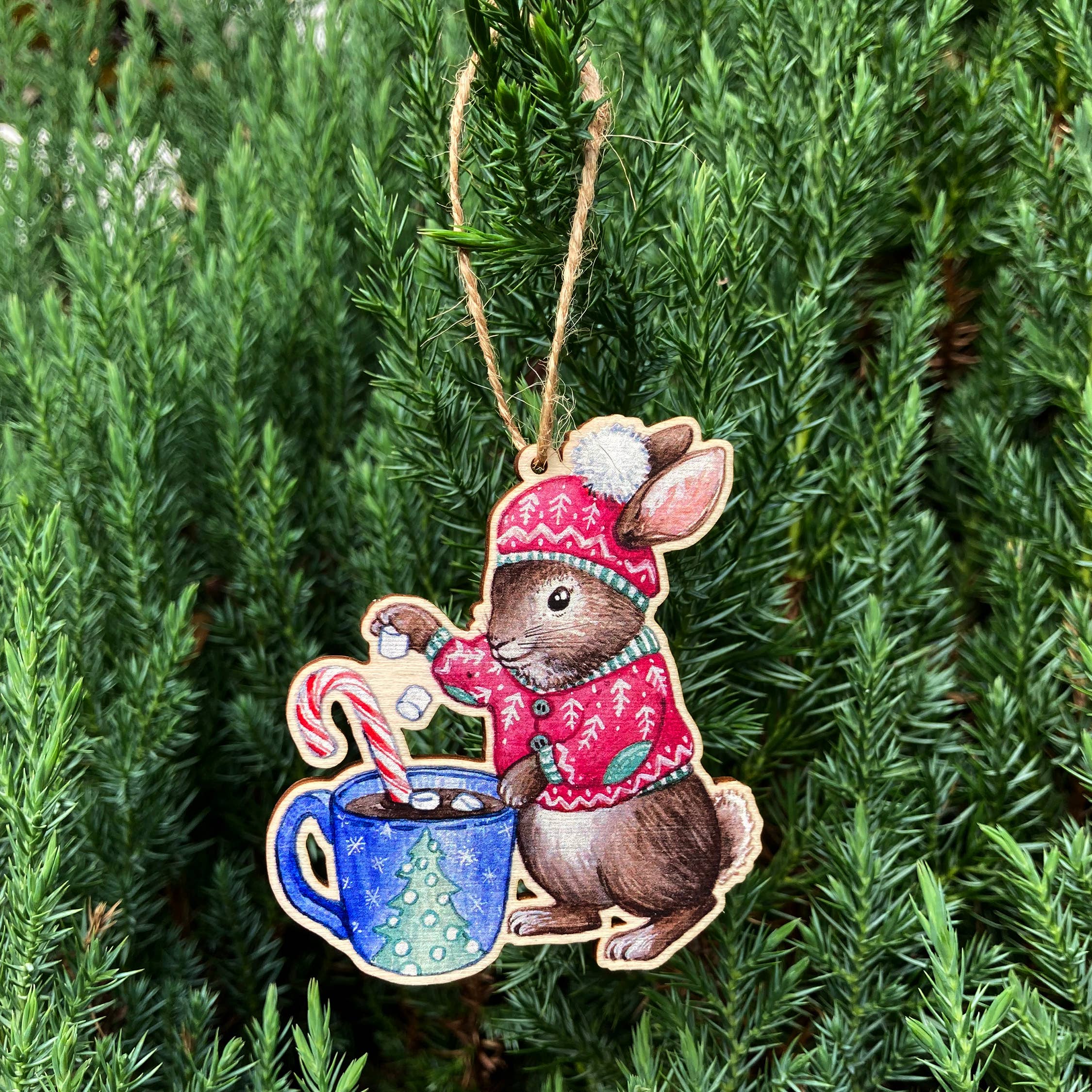 Festive Rabbit Wooden Ornament