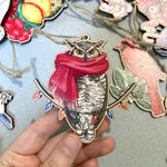 Load image into Gallery viewer, Festive Great Horned Owl Wooden Ornament
