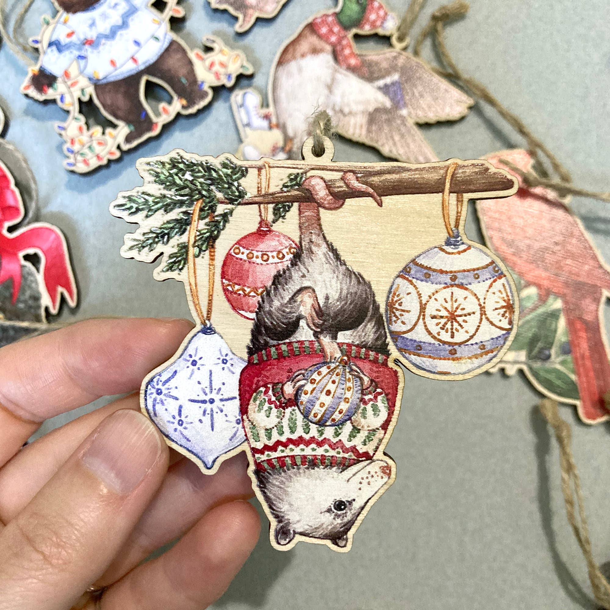 Festive Opossum Wooden Ornament